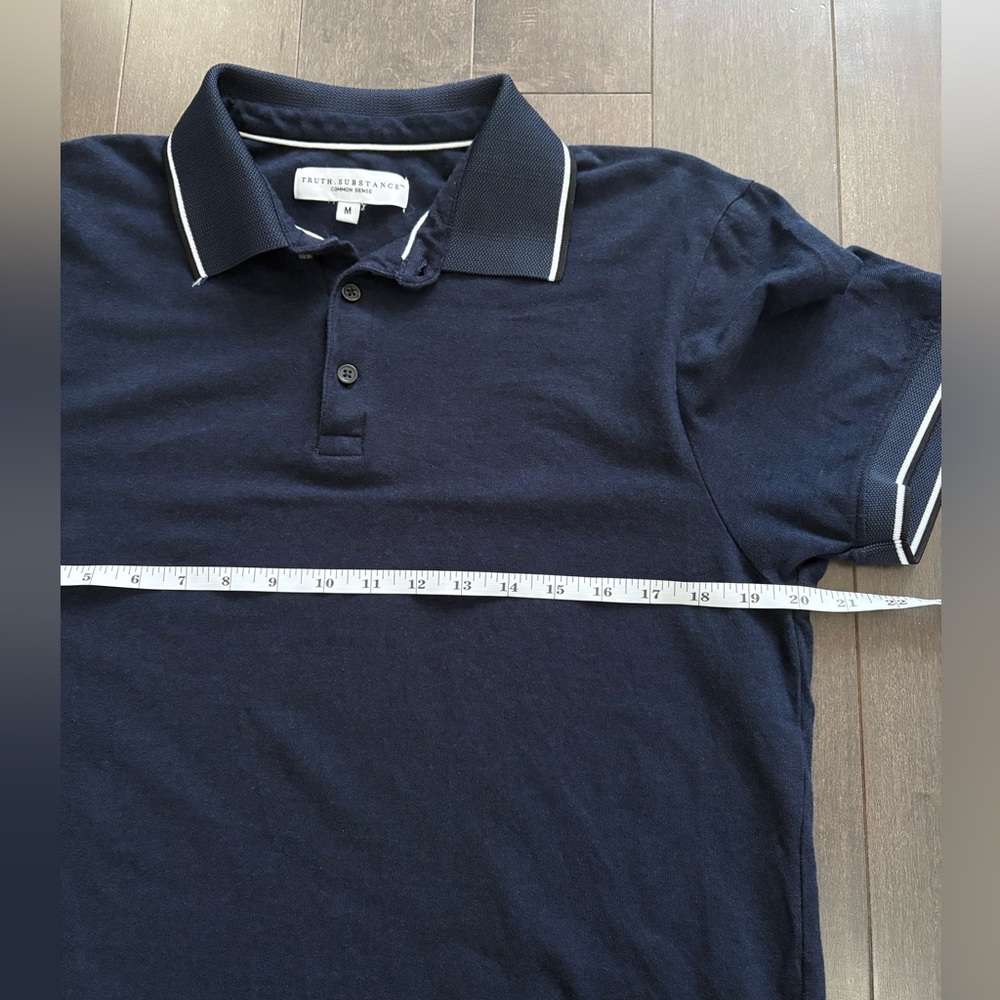 Mens Truth & Substance Classic Navy Polo Shirt Size M Contrast Trim Minimal - Picture 7 of 9